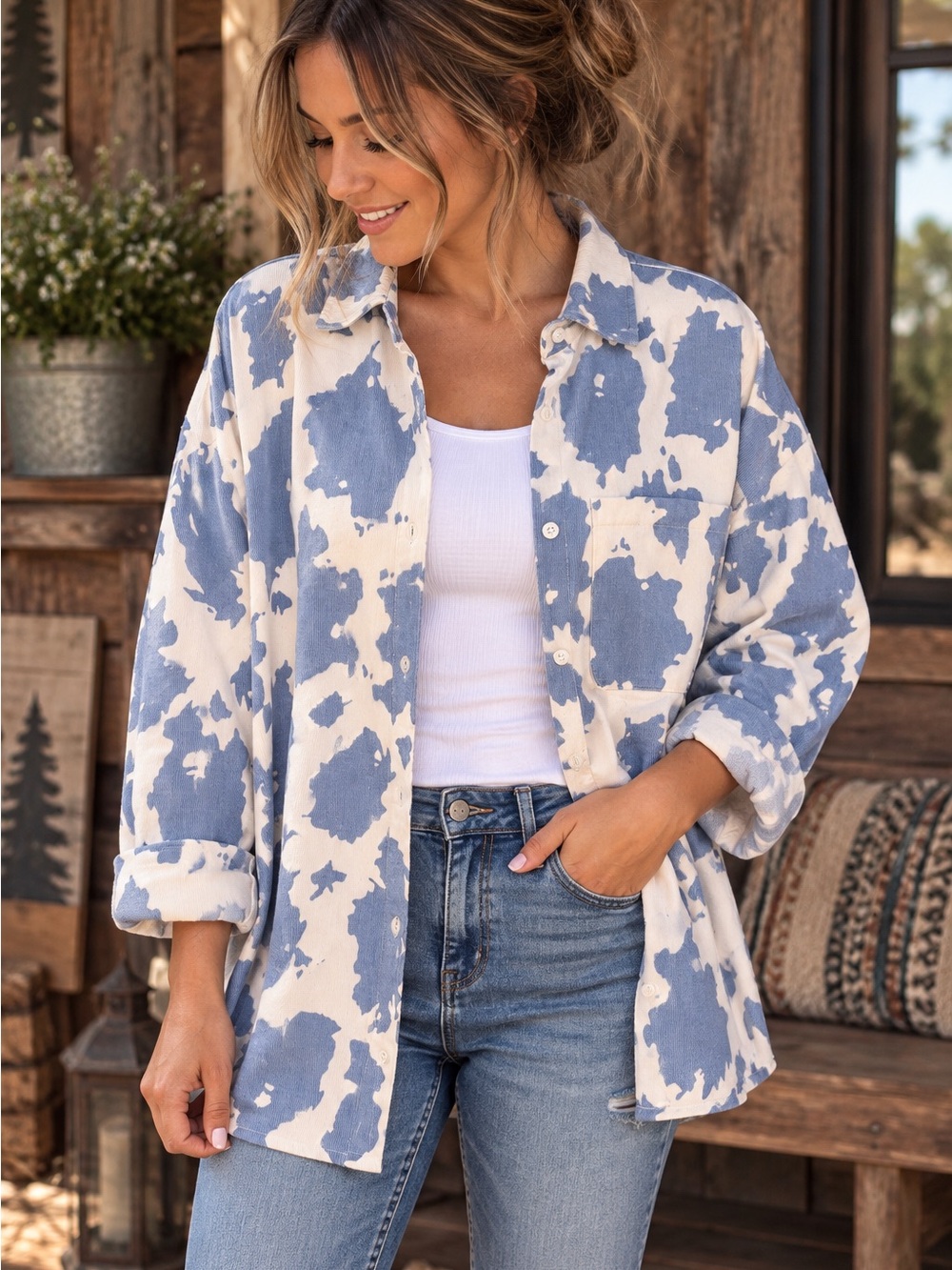 Pretty Garbage NWOT Blue and White Cow Print  Button-Up Jacket | Size Small